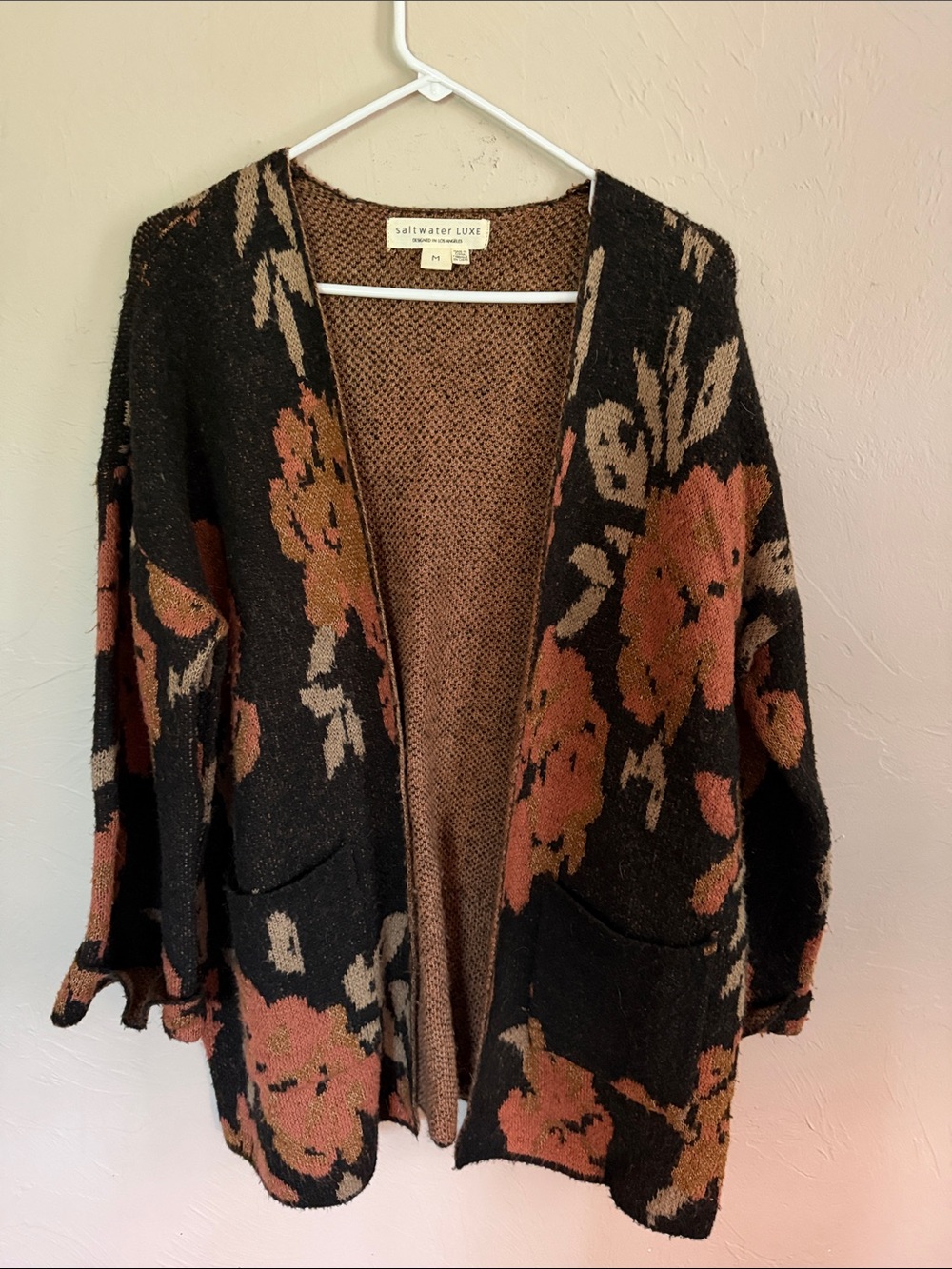 saltwater LUXE Black Open Floral Cardigan with Rust and Cream Accents